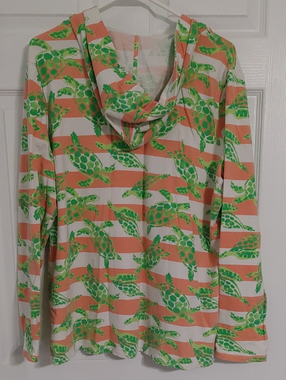 Crown & Ivy Sea Turtle Striped Beach Hoodie in Green & Coral 1X - Picture 4 of 5